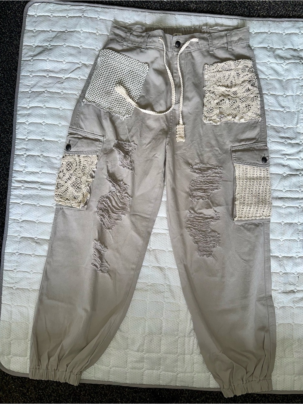 POL distressed cargo jogger pants size L taupe crochet lace boho NWOT